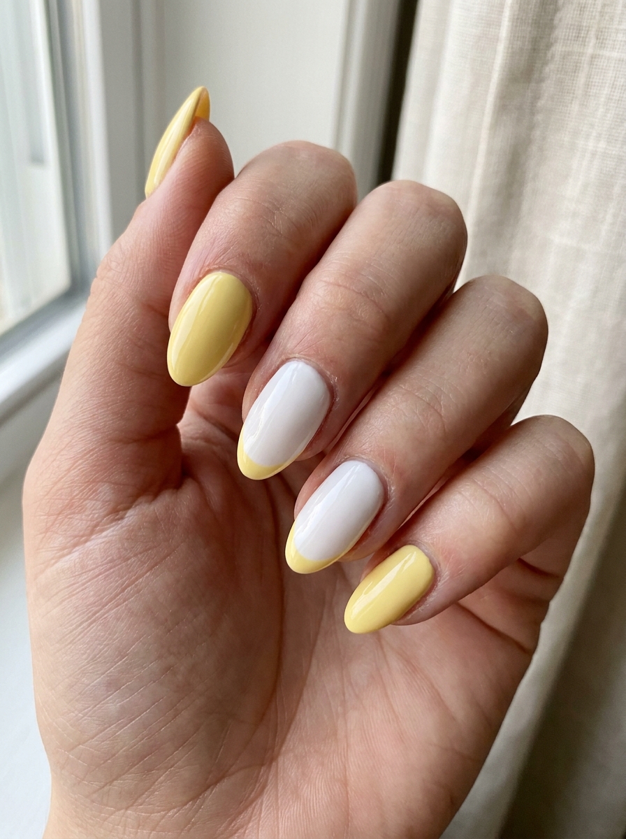 Buttery Yellow and White Nails mit frischer heller Farbkombination
